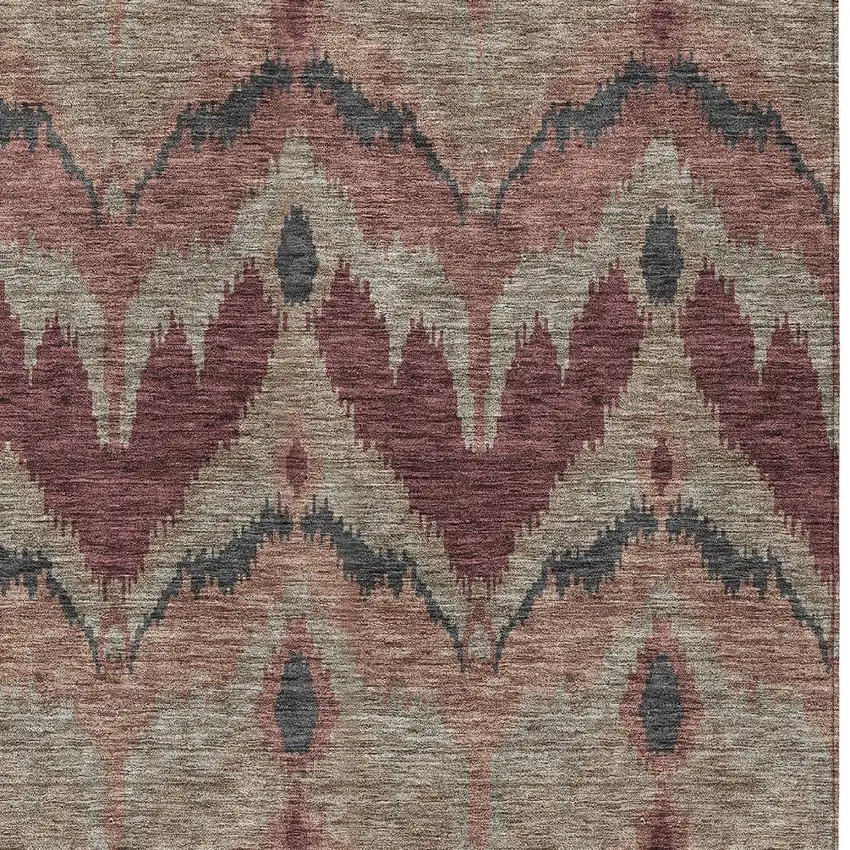 Burgundy Beige And Charcoal Ikat Washable Indoor Outdoor Area Rug Photo 5