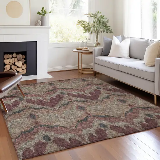 Burgundy Beige And Charcoal Ikat Washable Indoor Outdoor Area Rug Photo 8
