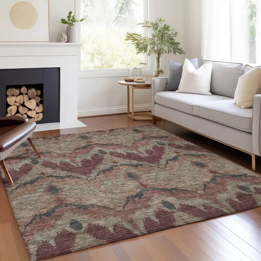 Burgundy Beige And Charcoal Ikat Washable Indoor Outdoor Area Rug Photo 8
