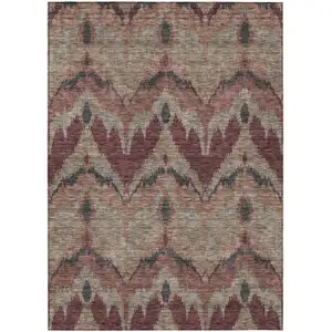 Photo of Burgundy Beige And Charcoal Ikat Washable Indoor Outdoor Area Rug
