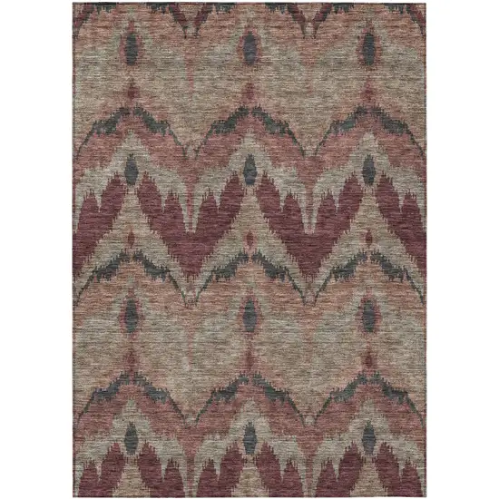 Burgundy Beige And Charcoal Ikat Washable Indoor Outdoor Area Rug Photo 1