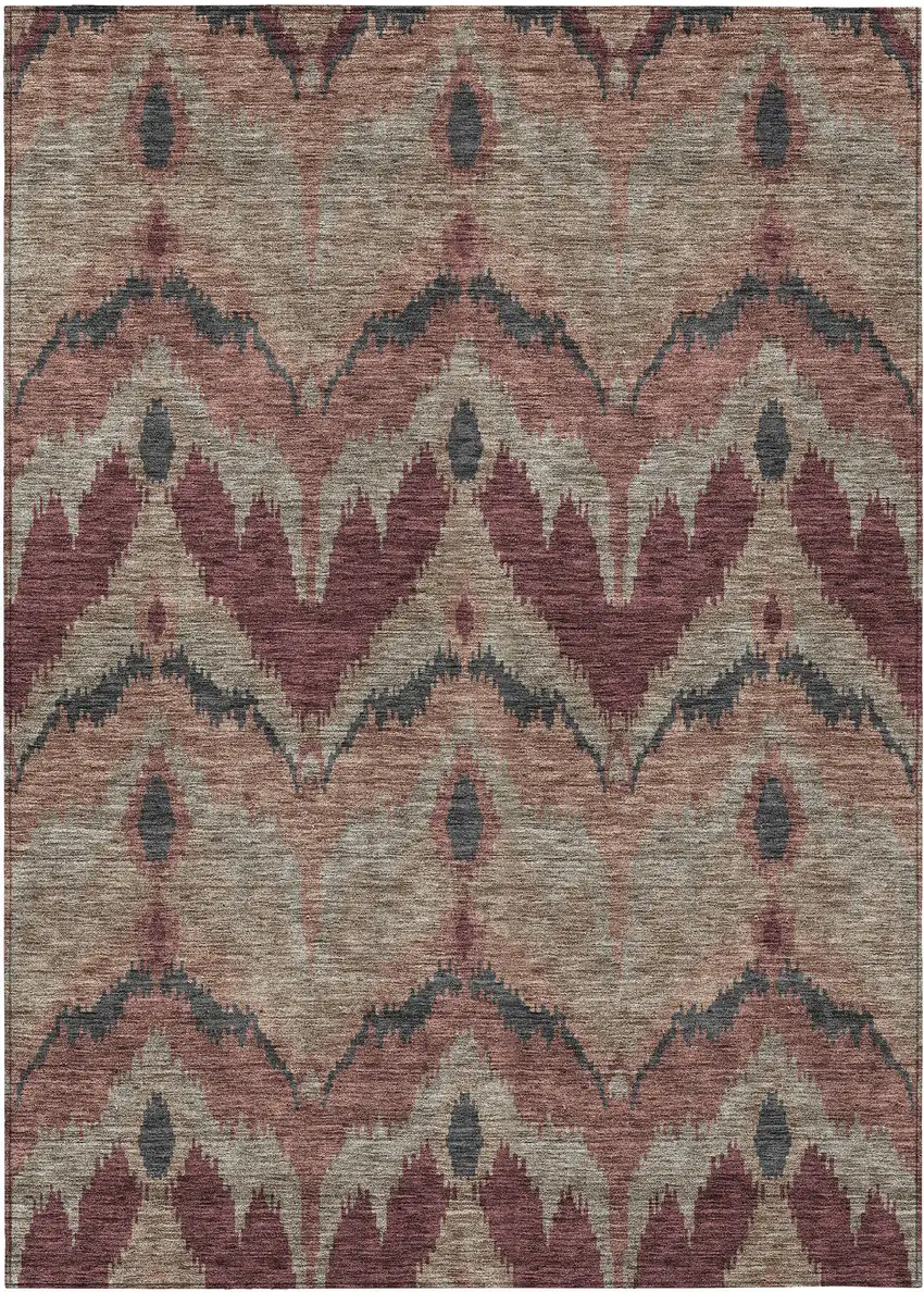 Burgundy Beige And Charcoal Ikat Washable Indoor Outdoor Area Rug Photo 1