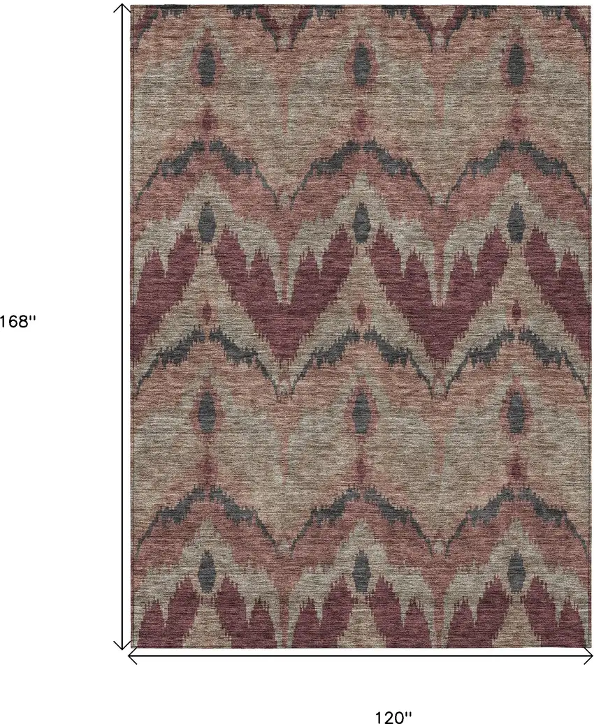 Burgundy Beige And Charcoal Ikat Washable Indoor Outdoor Area Rug Photo 3