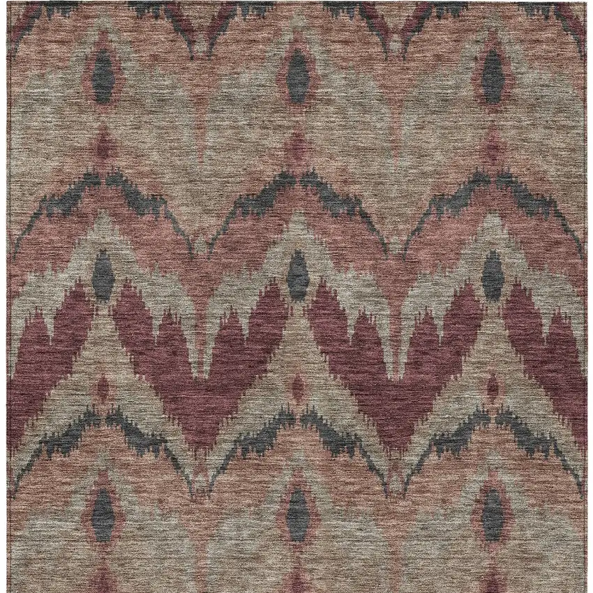 Burgundy Beige And Charcoal Ikat Washable Indoor Outdoor Area Rug Photo 6