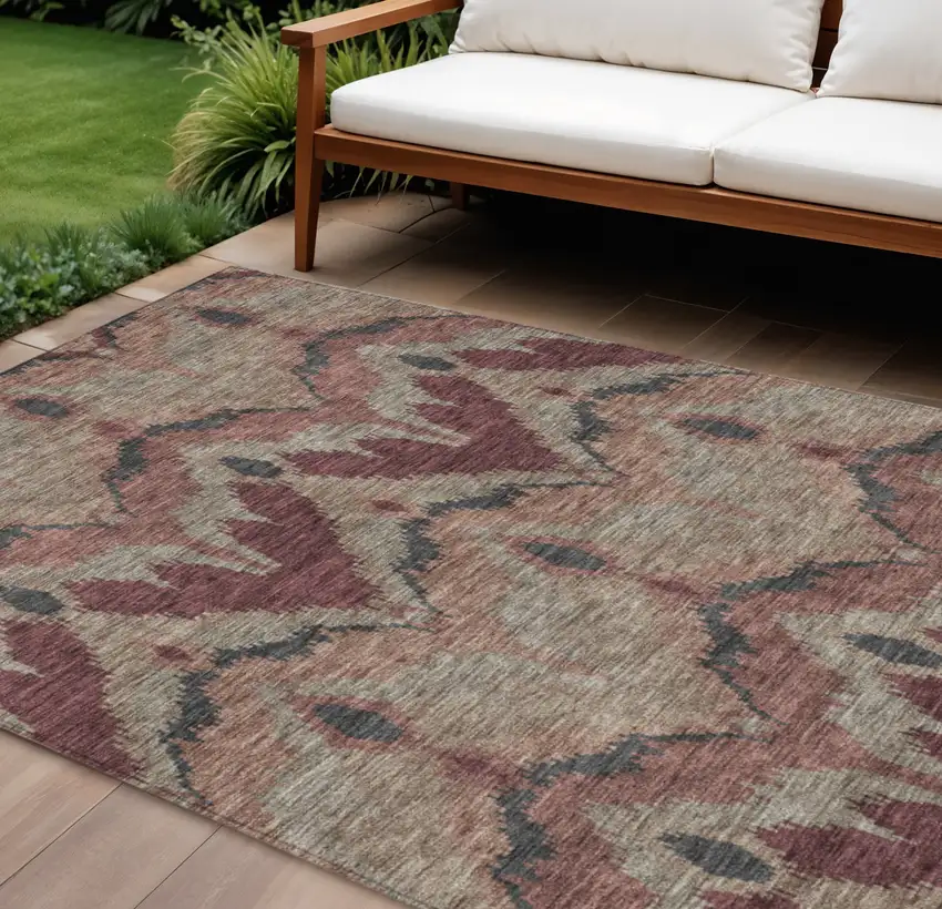 Burgundy Beige And Charcoal Ikat Washable Indoor Outdoor Area Rug Photo 1