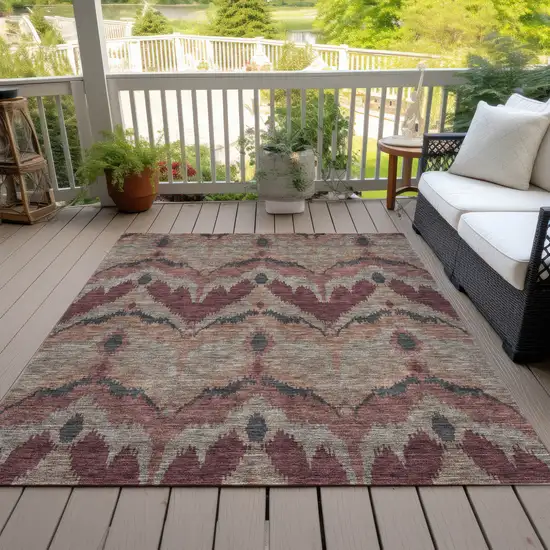 Burgundy Beige And Charcoal Ikat Washable Indoor Outdoor Area Rug Photo 7