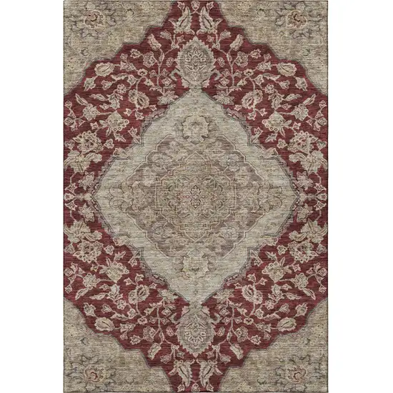 Burgundy Beige And Gray Floral Medallion Washable Area Rug With UV Protection Photo 3