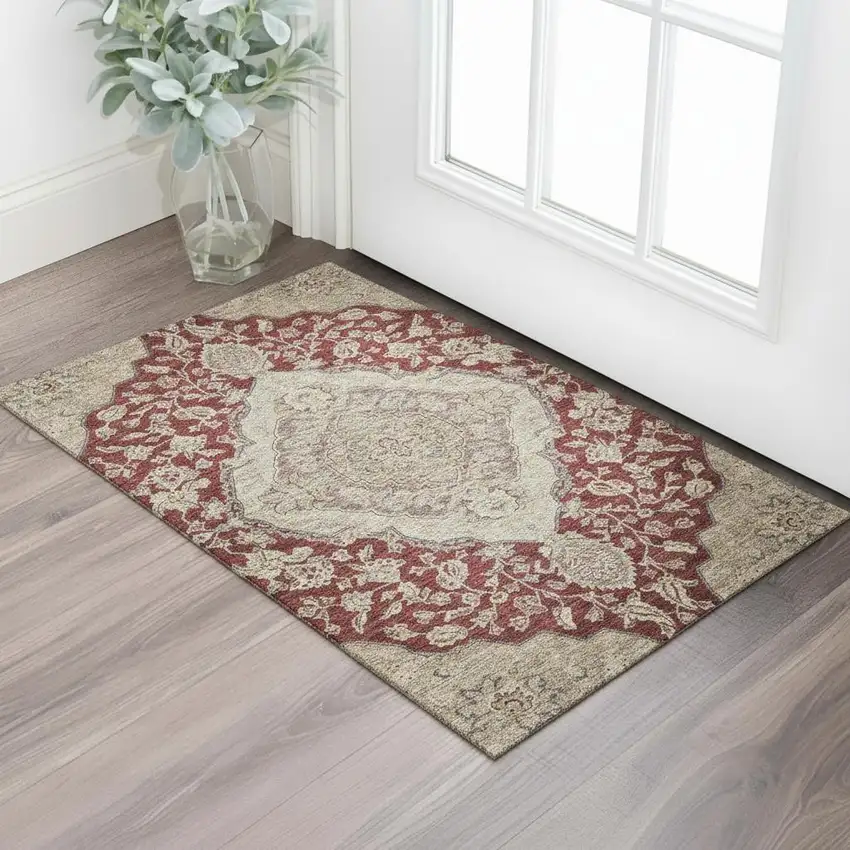 Burgundy Beige And Gray Floral Medallion Washable Area Rug With UV Protection Photo 2