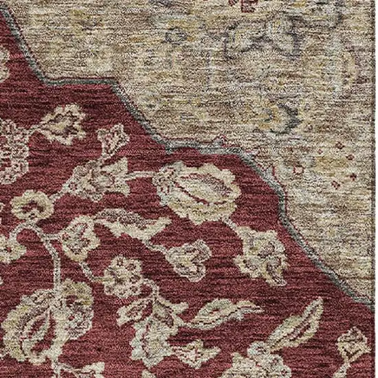 Burgundy Beige And Gray Floral Medallion Washable Area Rug With UV Protection Photo 2