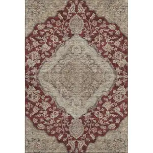 Photo of Burgundy Beige And Gray Floral Medallion Washable Area Rug With UV Protection