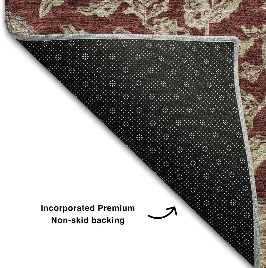 Burgundy Beige And Gray Floral Medallion Washable Area Rug With UV Protection Photo 6