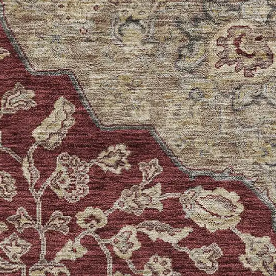 Burgundy Beige And Gray Floral Medallion Washable Area Rug With UV Protection Photo 2