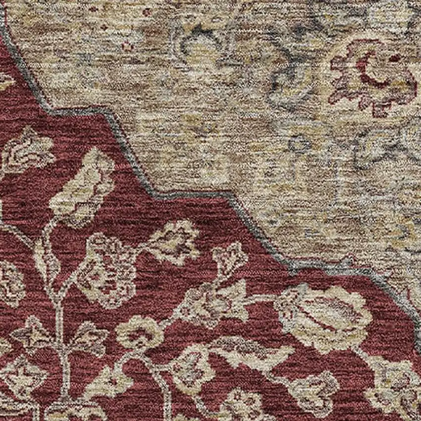 Burgundy Beige And Gray Floral Medallion Washable Area Rug With UV Protection Photo 2
