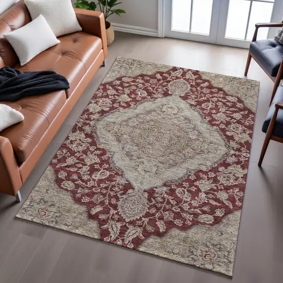 Burgundy Beige And Gray Floral Medallion Washable Area Rug With UV Protection Photo 5