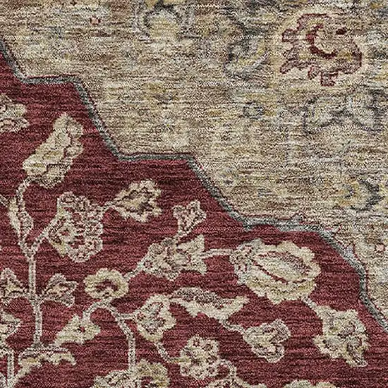 Burgundy Beige And Gray Floral Medallion Washable Area Rug With UV Protection Photo 2