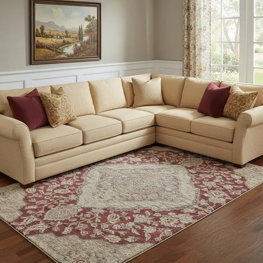 Burgundy Beige And Gray Floral Medallion Washable Area Rug With UV Protection Photo 2