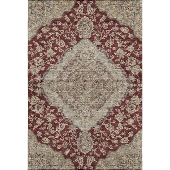 Burgundy Beige And Gray Floral Medallion Washable Area Rug With UV Protection Photo 1