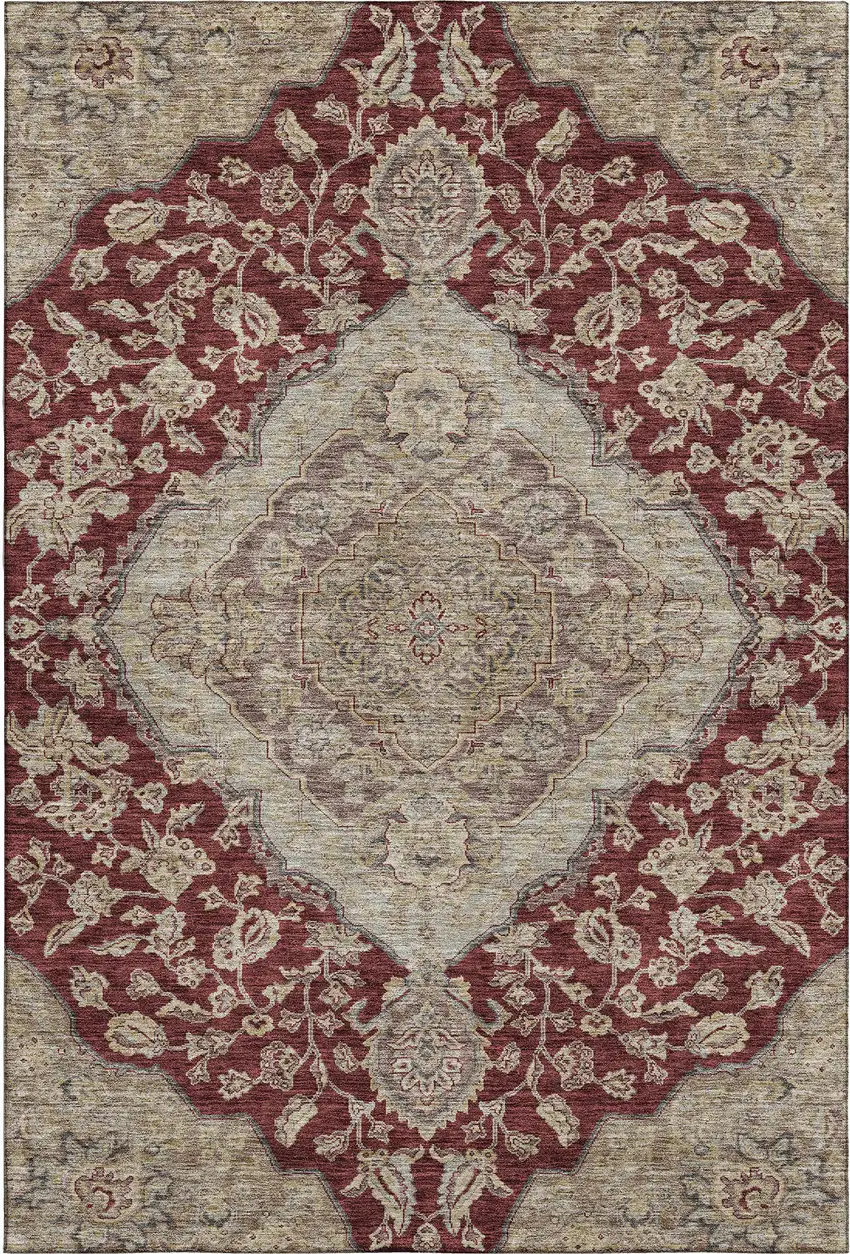 Burgundy Beige And Gray Floral Medallion Washable Area Rug With UV Protection Photo 1