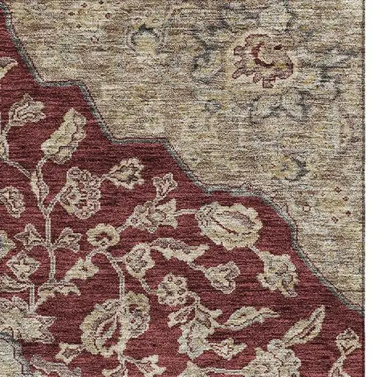 Burgundy Beige And Gray Floral Medallion Washable Area Rug With UV Protection Photo 3