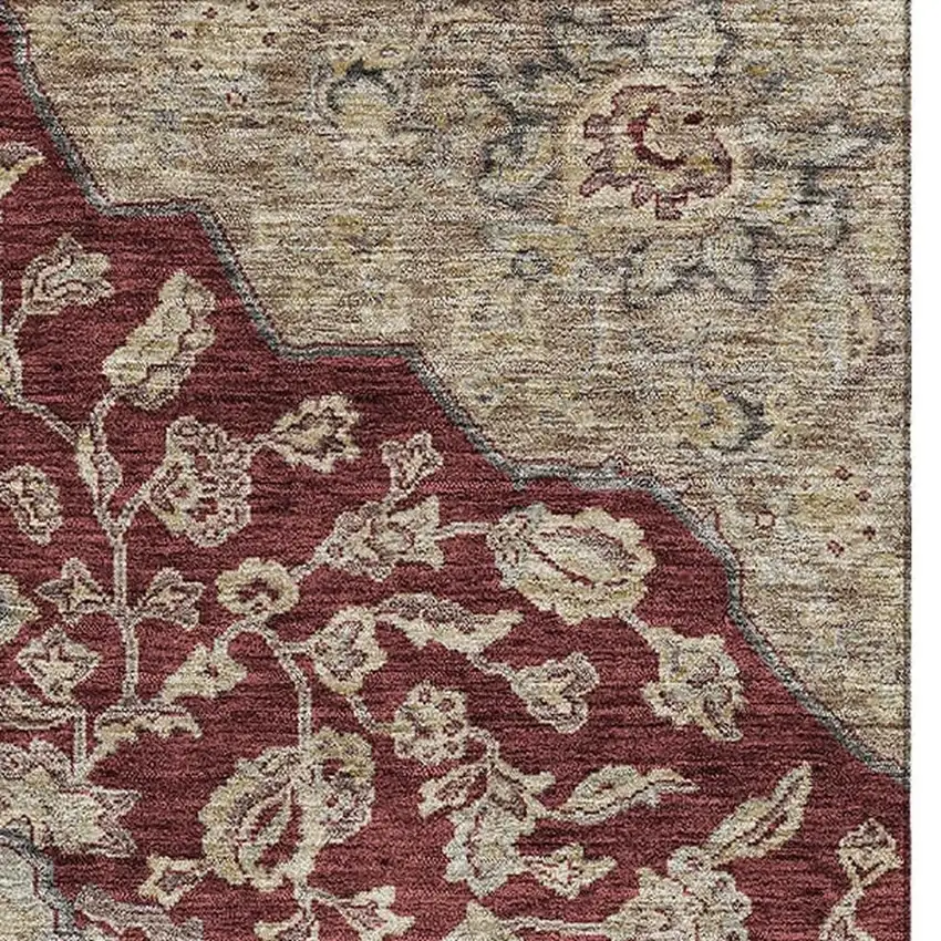 Burgundy Beige And Gray Floral Medallion Washable Area Rug With UV Protection Photo 3
