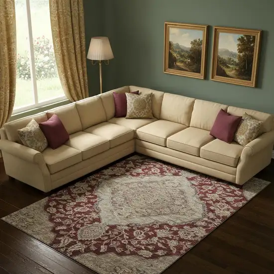 Burgundy Beige And Gray Floral Medallion Washable Area Rug With UV Protection Photo 2