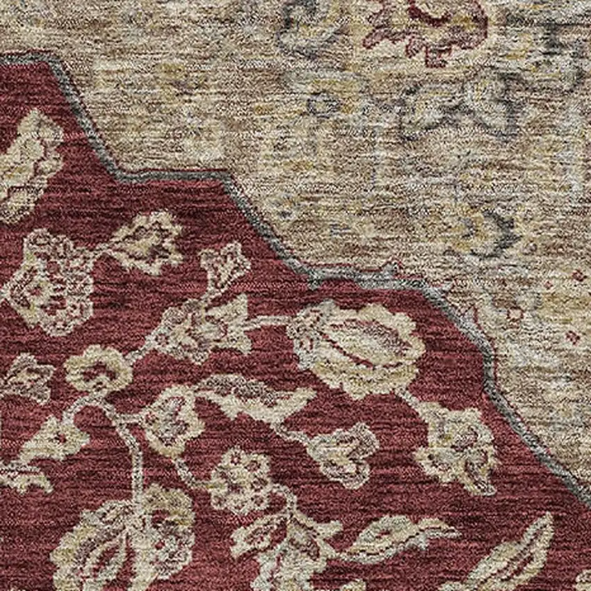 Burgundy Beige And Gray Floral Medallion Washable Area Rug With UV Protection Photo 2