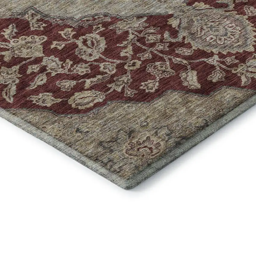 Burgundy Beige And Gray Floral Medallion Washable Area Rug With UV Protection Photo 6