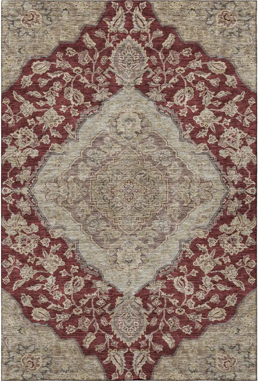 Burgundy Beige And Gray Floral Medallion Washable Area Rug With UV Protection Photo 2