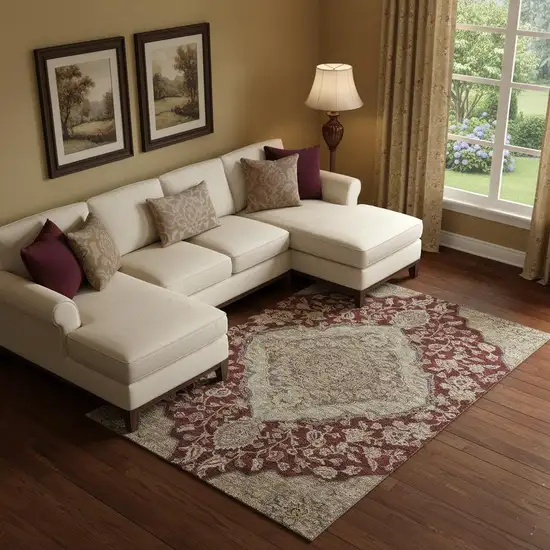 Burgundy Beige And Gray Floral Medallion Washable Area Rug With UV Protection Photo 2