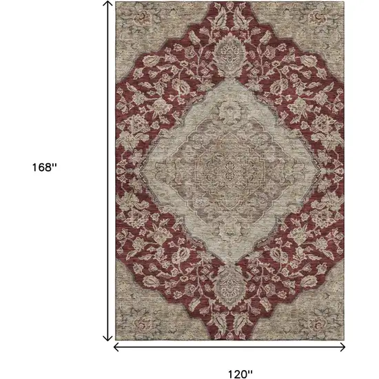 Burgundy Beige And Gray Floral Medallion Washable Area Rug With UV Protection Photo 9