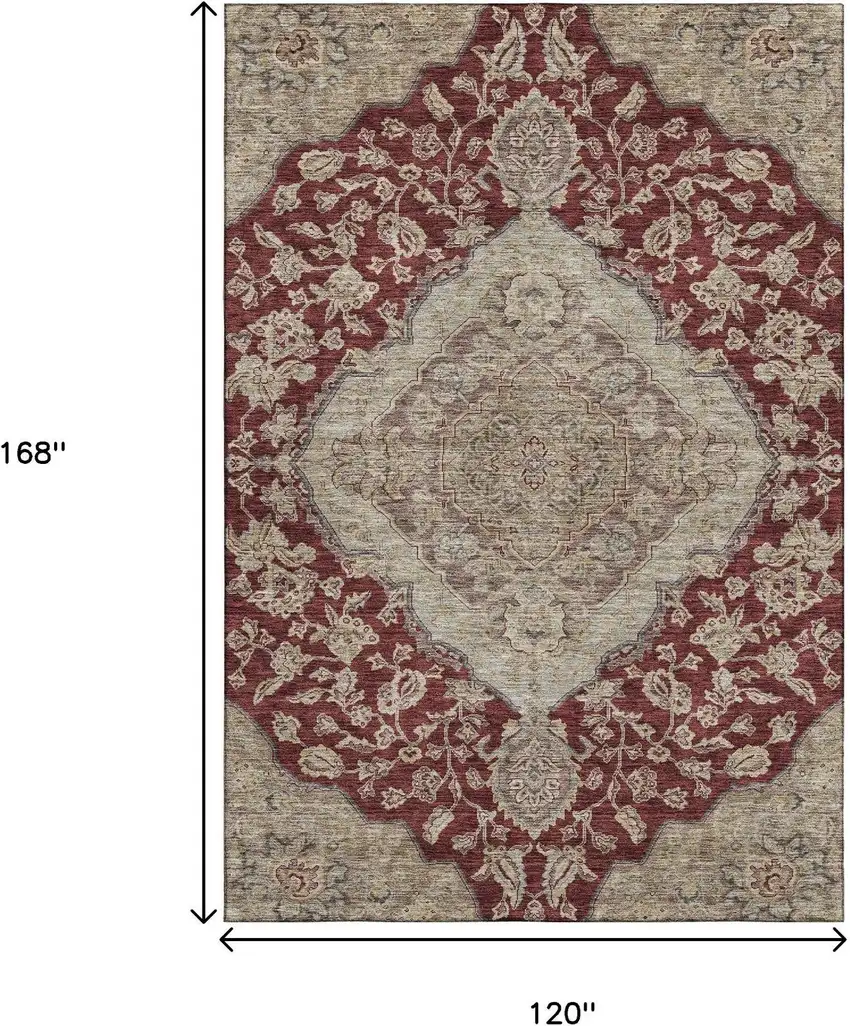 Burgundy Beige And Gray Floral Medallion Washable Area Rug With UV Protection Photo 9