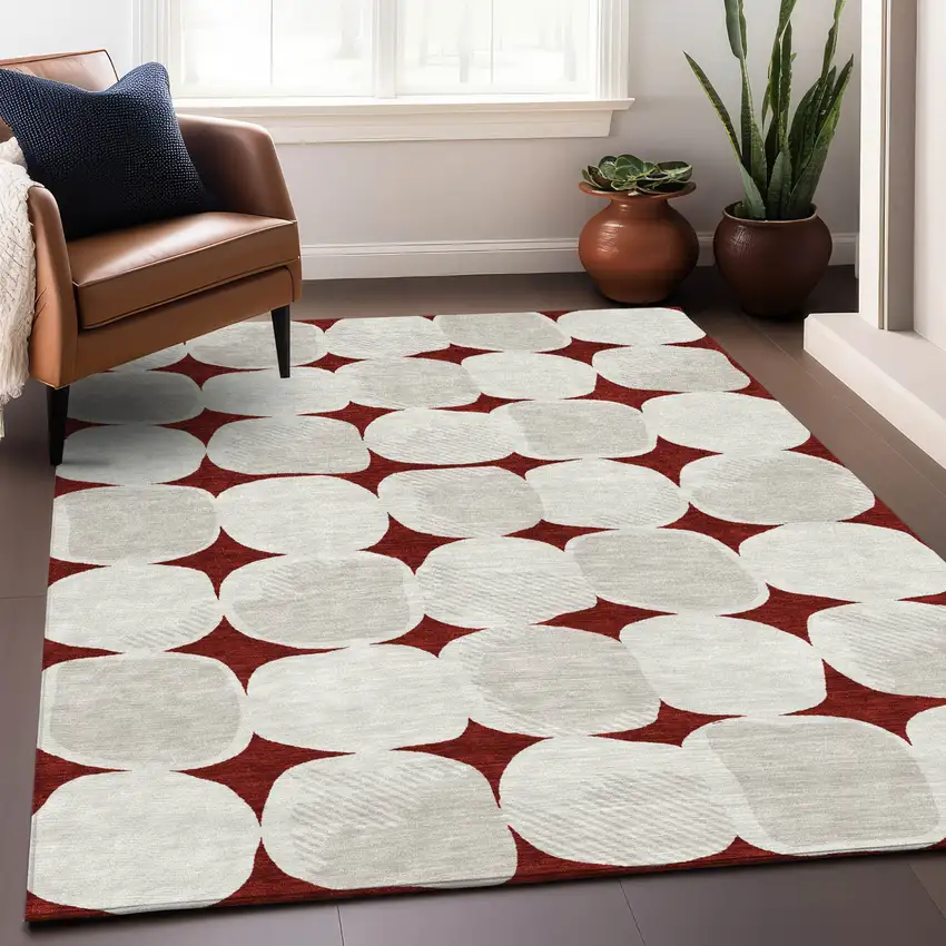 Burgundy Beige And Ivory Abstract Washable Indoor Outdoor Area Rug Photo 9