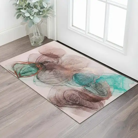 Burgundy Blue And Ivory Abstract Washable Area Rug With UV Protection Photo 1