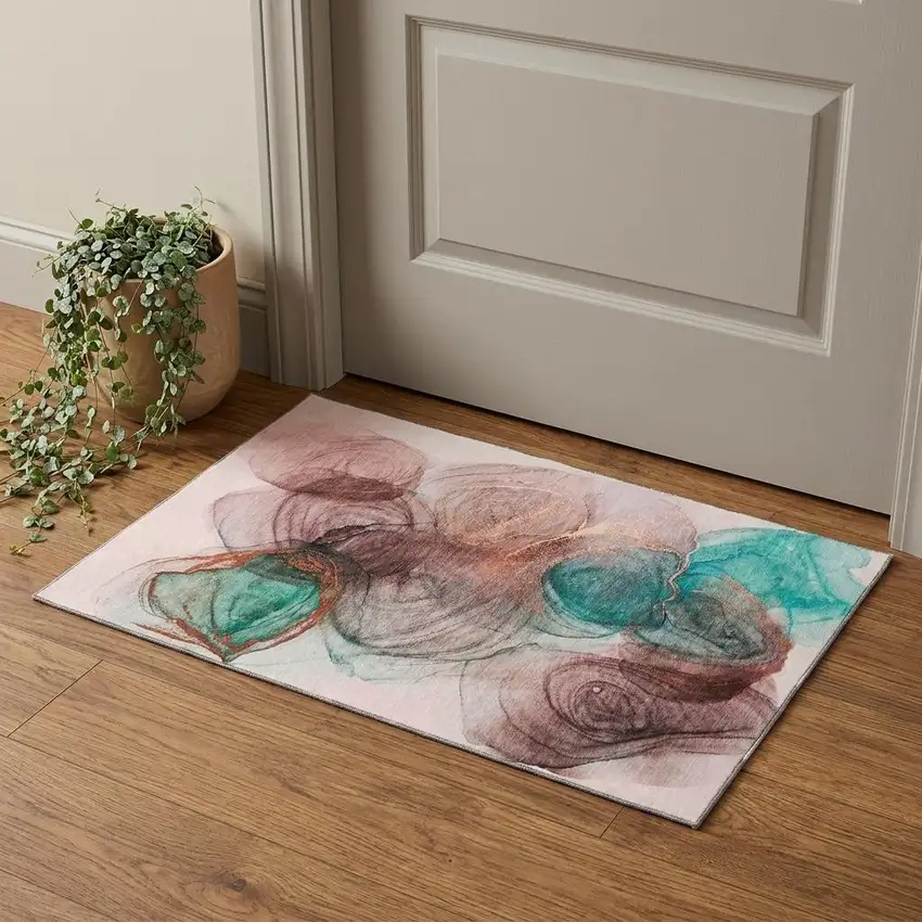 Burgundy Blue And Ivory Abstract Washable Area Rug With UV Protection Photo 1