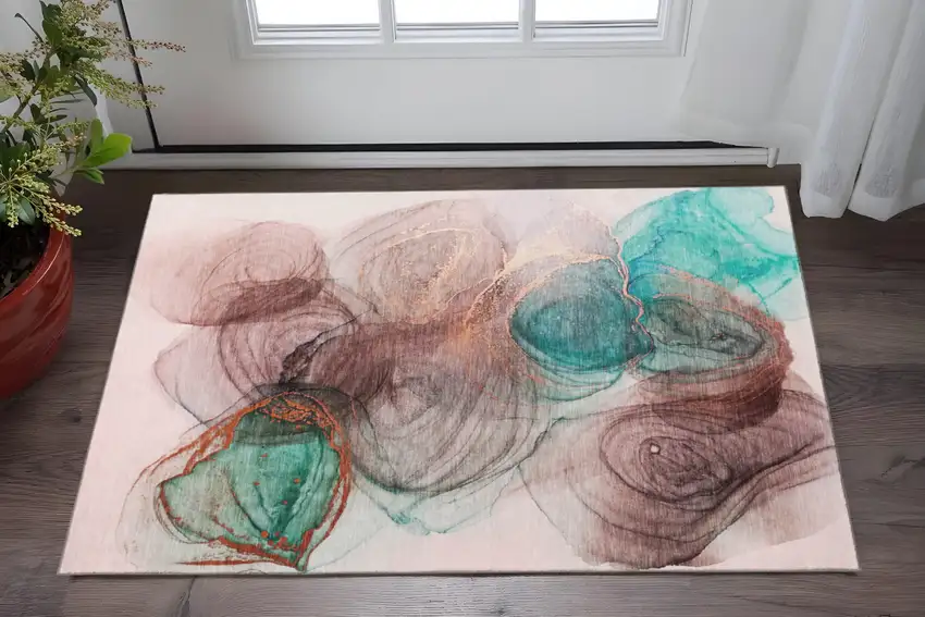 Burgundy Blue And Ivory Abstract Washable Area Rug With UV Protection Photo 2