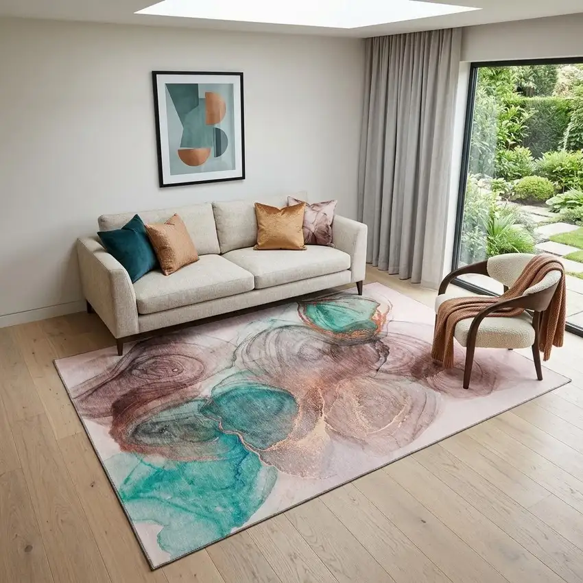 Burgundy Blue And Ivory Abstract Washable Area Rug With UV Protection Photo 1