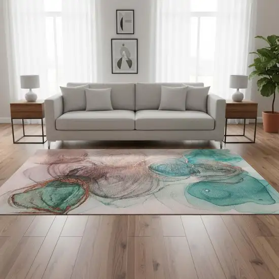 Burgundy Blue And Ivory Abstract Washable Area Rug With UV Protection Photo 1