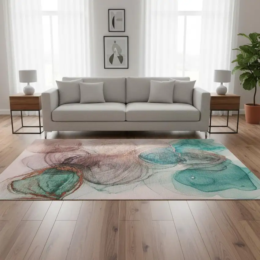 Burgundy Blue And Ivory Abstract Washable Area Rug With UV Protection Photo 1