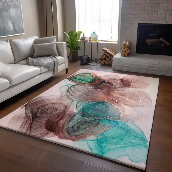 Burgundy Blue And Ivory Abstract Washable Area Rug With UV Protection Photo 6