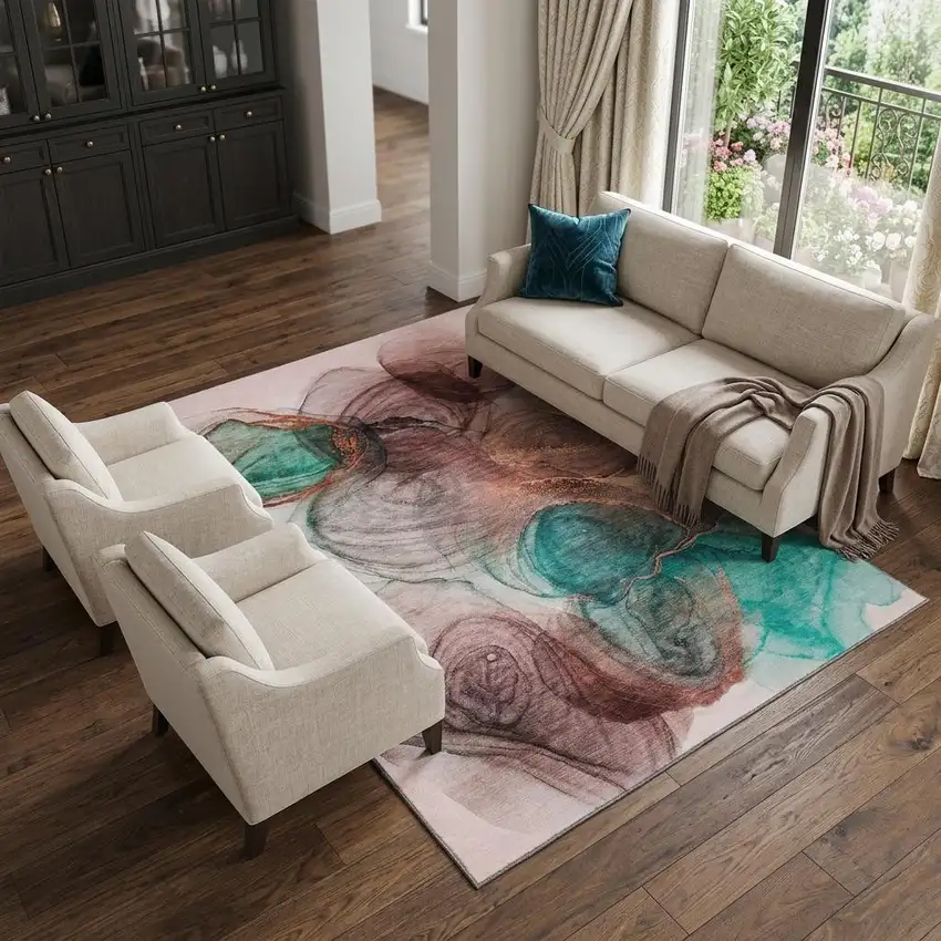 Burgundy Blue And Ivory Abstract Washable Area Rug With UV Protection Photo 1