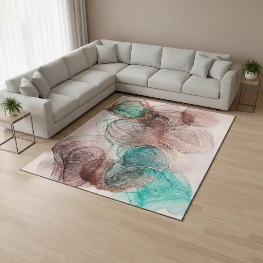 Burgundy Blue And Ivory Abstract Washable Area Rug With UV Protection Photo 1