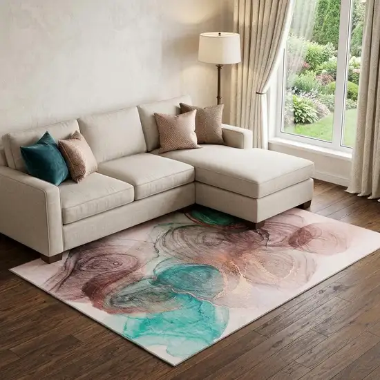 Burgundy Blue And Ivory Abstract Washable Area Rug With UV Protection Photo 1