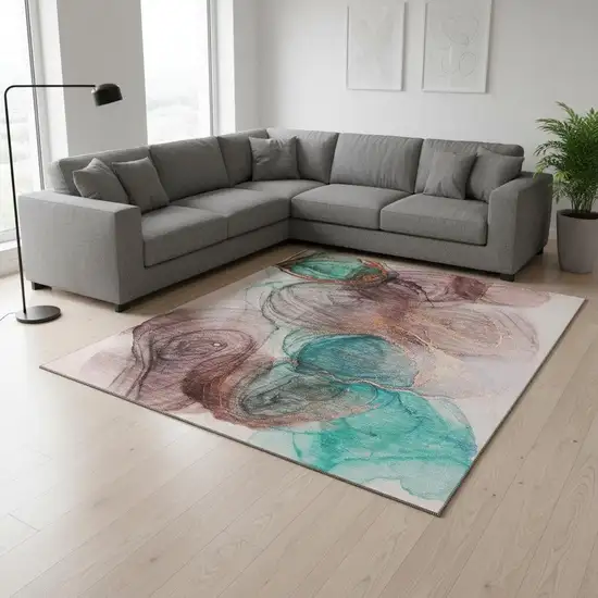 Burgundy Blue And Ivory Abstract Washable Area Rug With UV Protection Photo 1