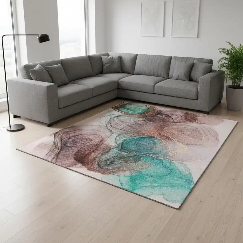 Burgundy Blue And Ivory Abstract Washable Area Rug With UV Protection Photo 1