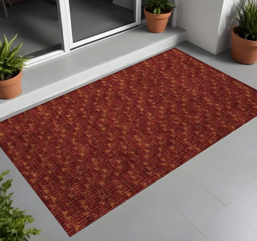 Burgundy Geometric Washable Non Skid Indoor Outdoor Area Rug Photo 1