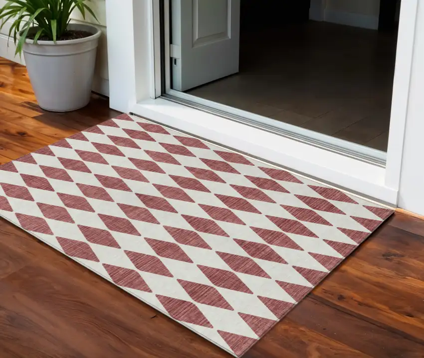 Burgundy Geometric Washable Non Skid Indoor Outdoor Area Rug Photo 1