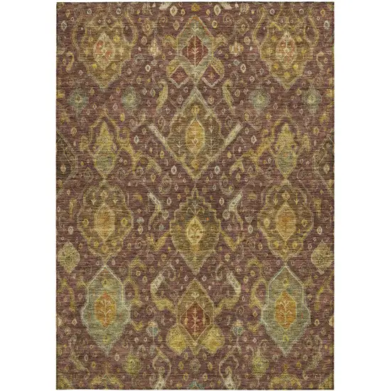 Burgundy Gold And Copper Ikat Washable Indoor Outdoor Area Rug Photo 4