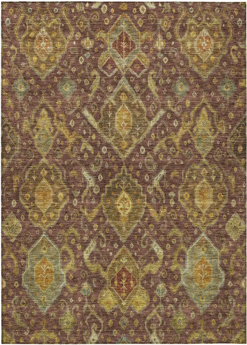 Burgundy Gold And Copper Ikat Washable Indoor Outdoor Area Rug Photo 2