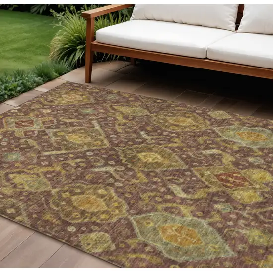 Burgundy Gold And Copper Ikat Washable Indoor Outdoor Area Rug Photo 1