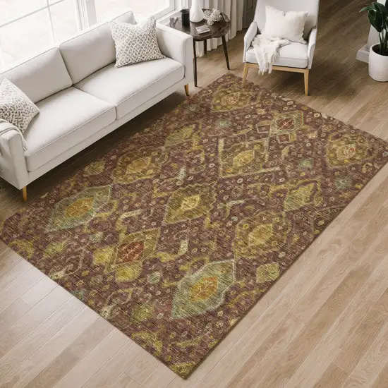 Burgundy Gold And Copper Ikat Washable Indoor Outdoor Area Rug Photo 8
